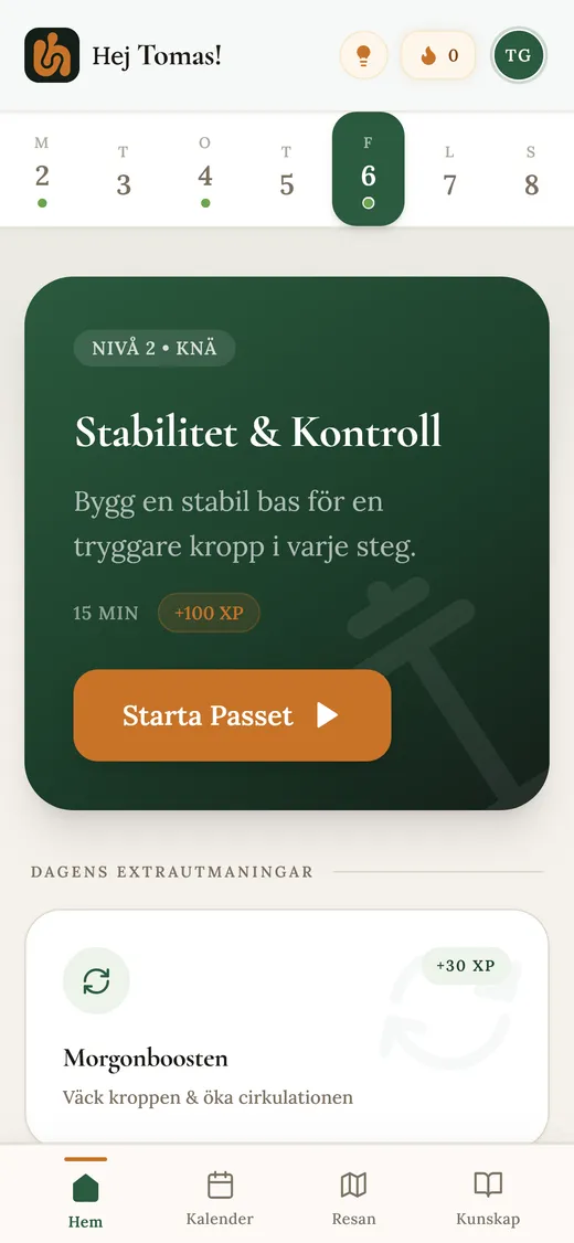 Ledhälsa-appen — dashboard med dagens träningsprogram